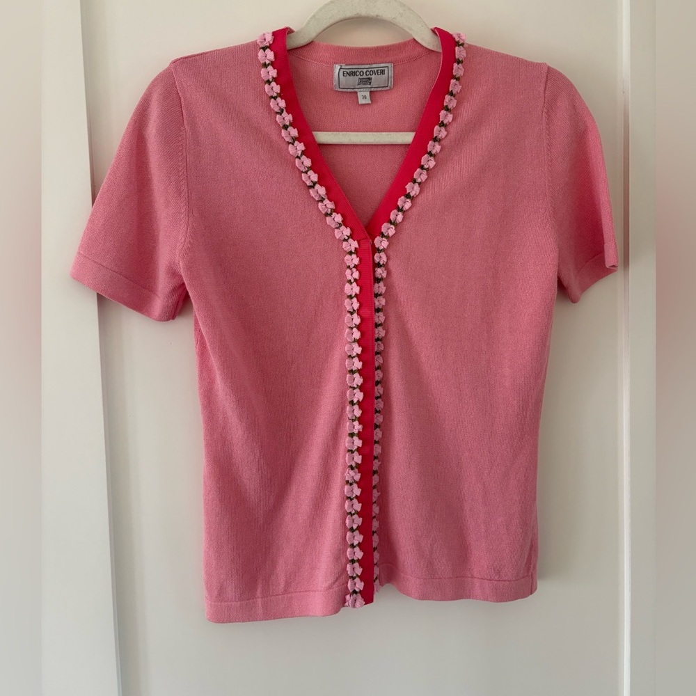 Enrico Coveri Pink Knit Cardigan Floral Trim Italy Size 38 cottagecore Y2K girly